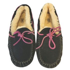 UGG Dakota Black Suede Moccasin Slippers Shearling Lined Women Size 5